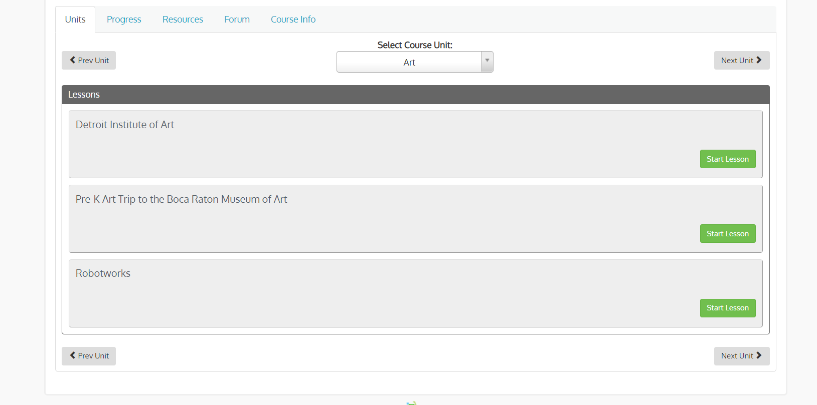 Screenshot of the unit on art in the Experiencing Arts and Technology Class.  List of three lessons titled Detroit Institute of Art, Art trip to the Boca Raton Museum of Art, and Robotworks.